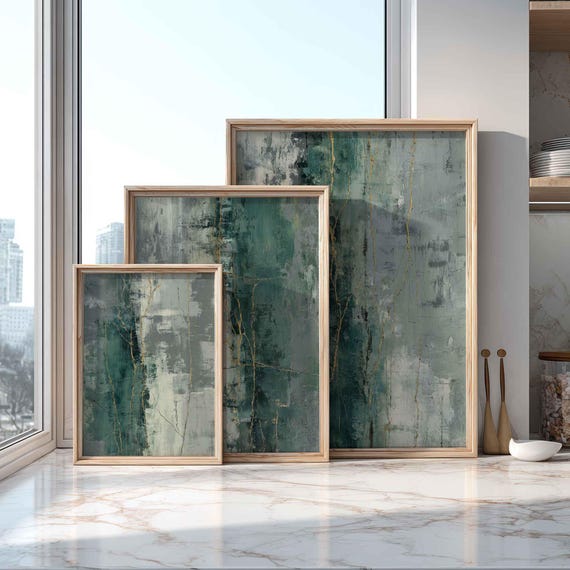 Forest Green Slate Abstract Print Trio Grey Gold Prints