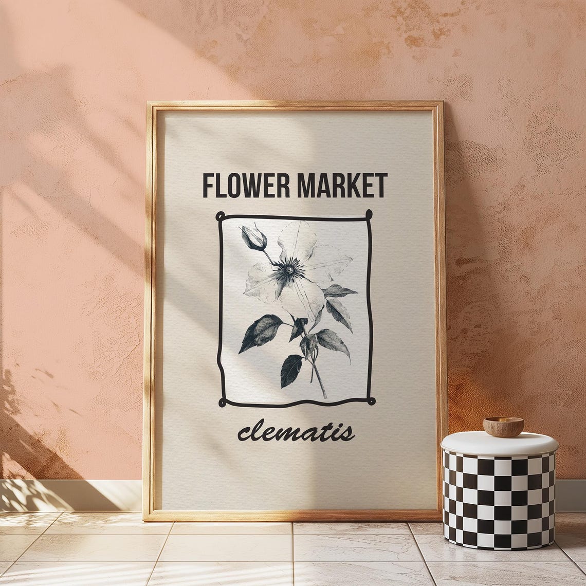Flower Market Clematis Black White Botanical Vintage Floral Poster