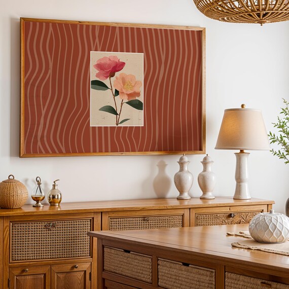 Pink Peach Camellia Botanical on Terracotta Striped Modern Wall Art
