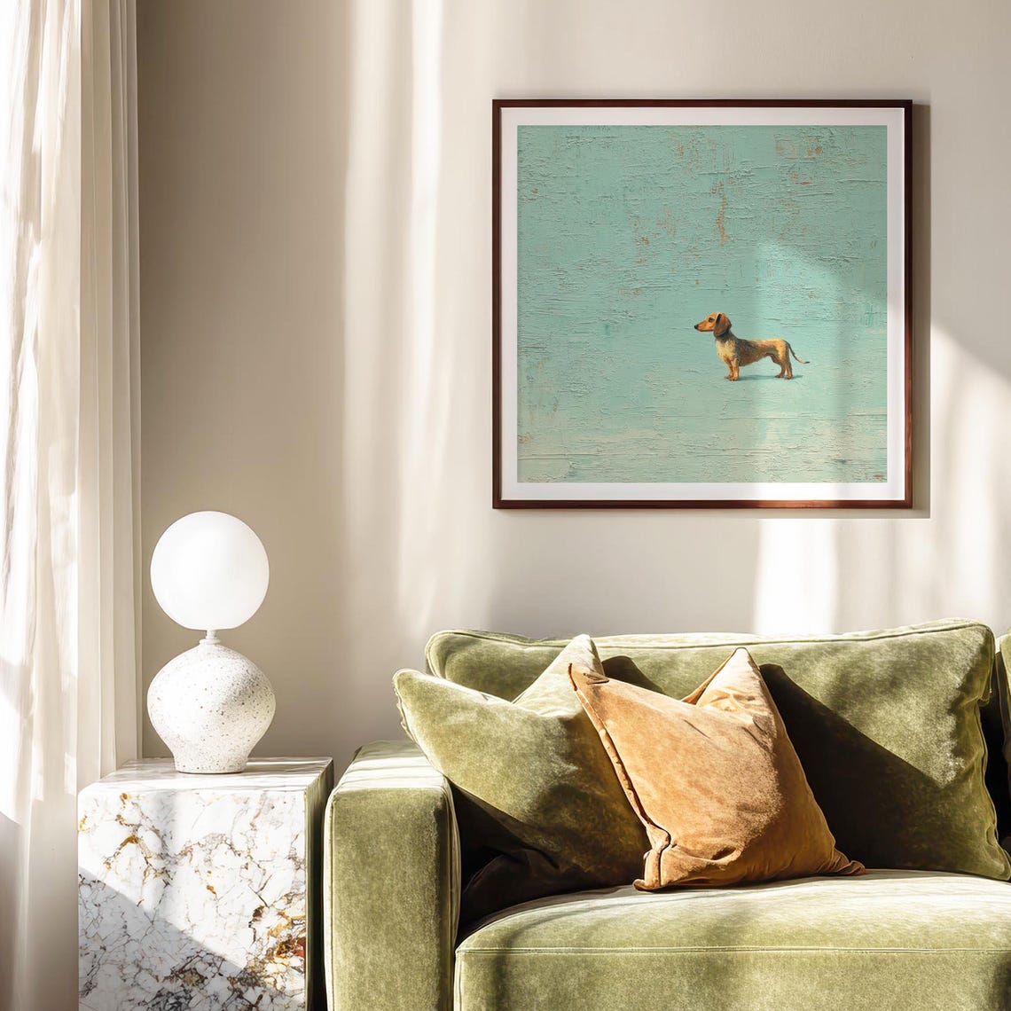 Minimalist Brown Dachshund On Teal Textured Background Dog Art Poster
