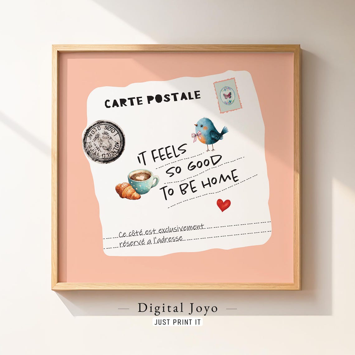 French Postcard Bird Coffee Cup Croissant Cozy Home Wall Art