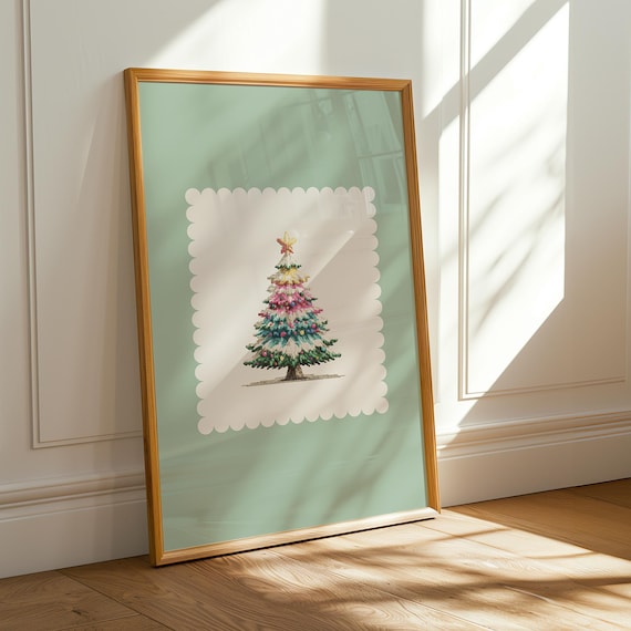 Pastel Mint Christmas Tree Scalloped Vintage Holiday Decor Poster