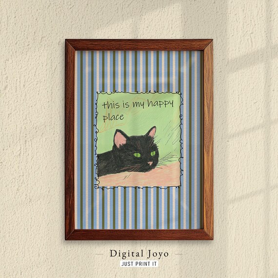 This Is My Happy Place Black Cat Green Eyes Funny Kitty Print