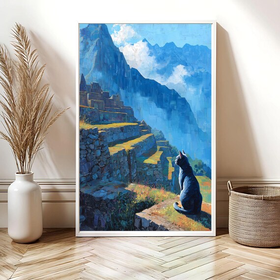 Machu Picchu Black Cat Ancient Mountain Ruins Adventure Poster