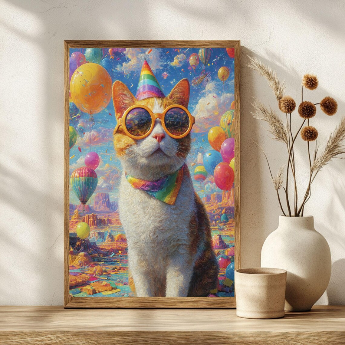 Party Cat With Sunglasses Balloons Confetti Surreal Dreamland Poster - Image 2