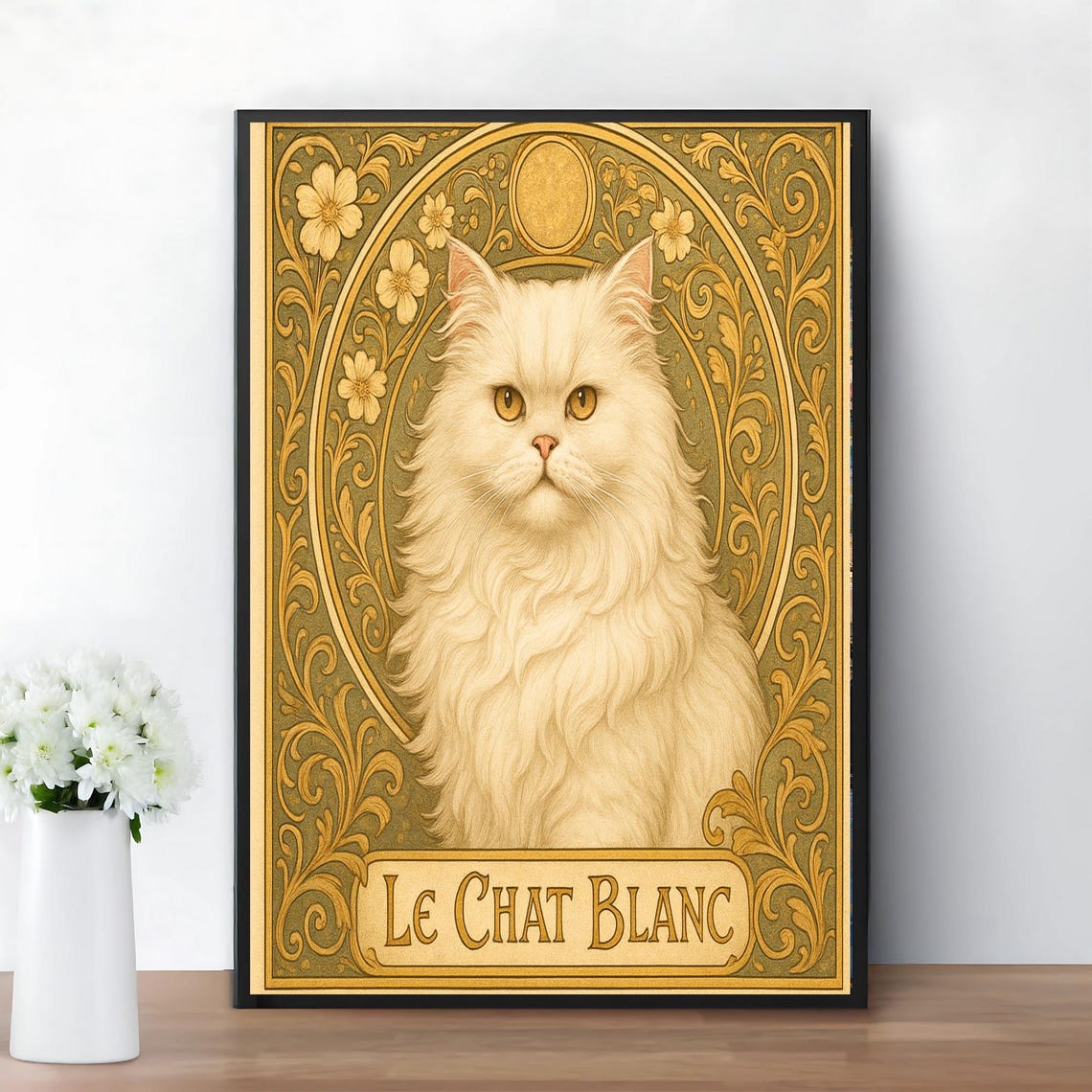 Le Chat Blanc White Persian Cat Art Nouveau Floral Gold Poster