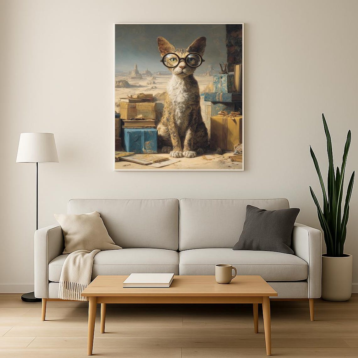 Surreal Cat Librarian in Round Glasses Desert Dreamscape Poster - Image 3