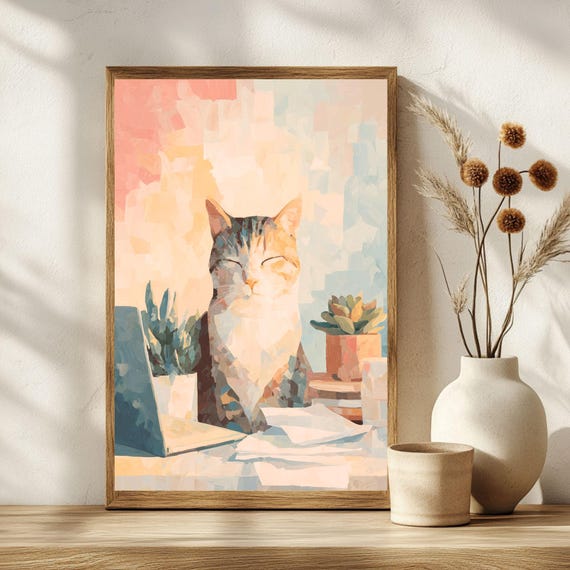 Zen Cat Art Print Home Office Decor Calming Poster Pet Lover Gift Tranquil Freelancer Mom