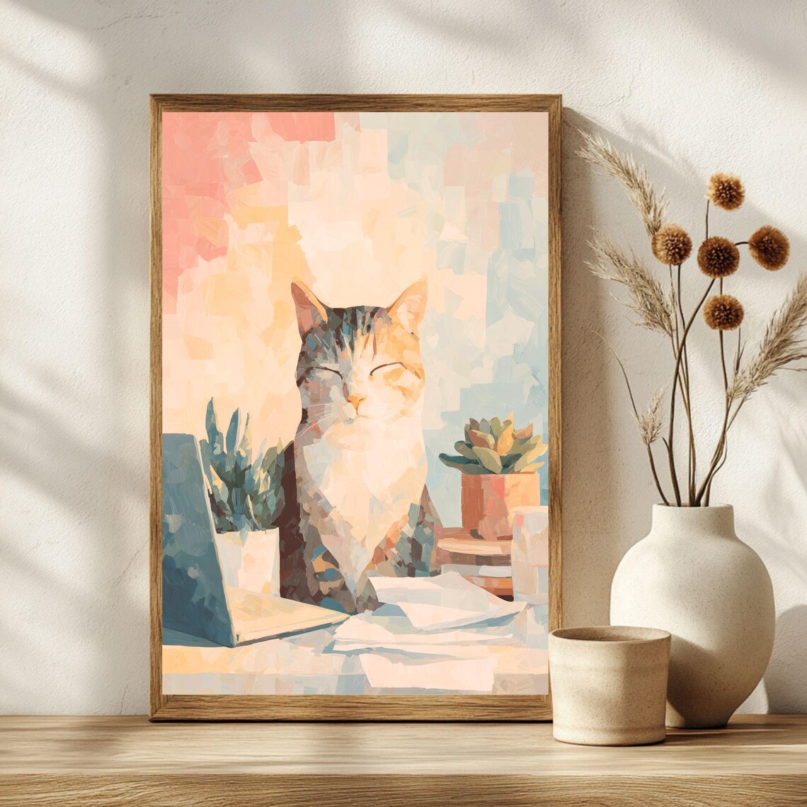 Cozy Sleeping Calico Cat Zen Home Office Laptop Desk Art Poster