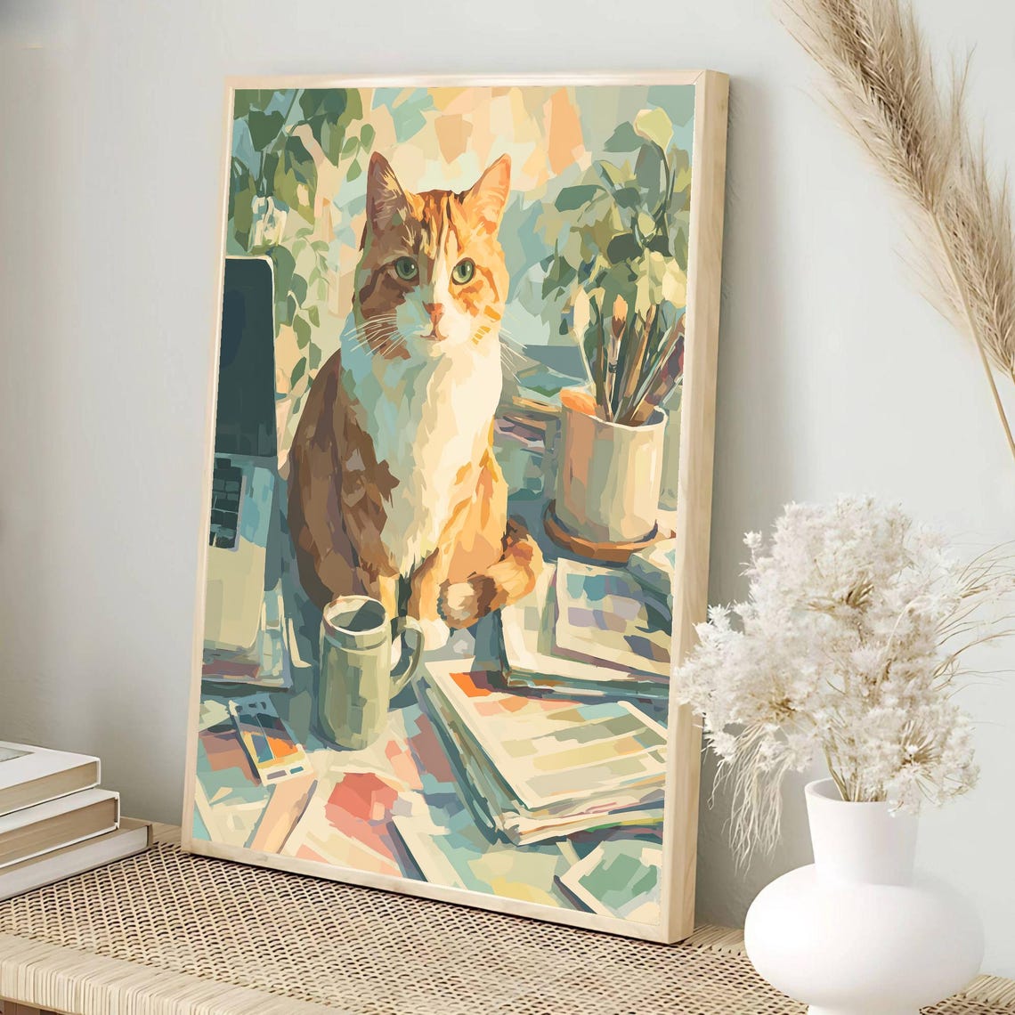 Orange Tabby Cat at Home Office Desk Impressionist Art Poster - Image 2