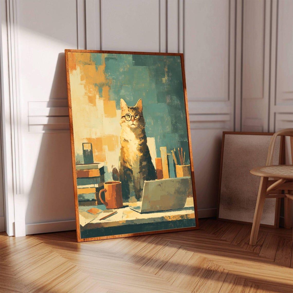 Funny Remote Work Cat in Glasses Laptop Desk Freelancer Poster - Image 2