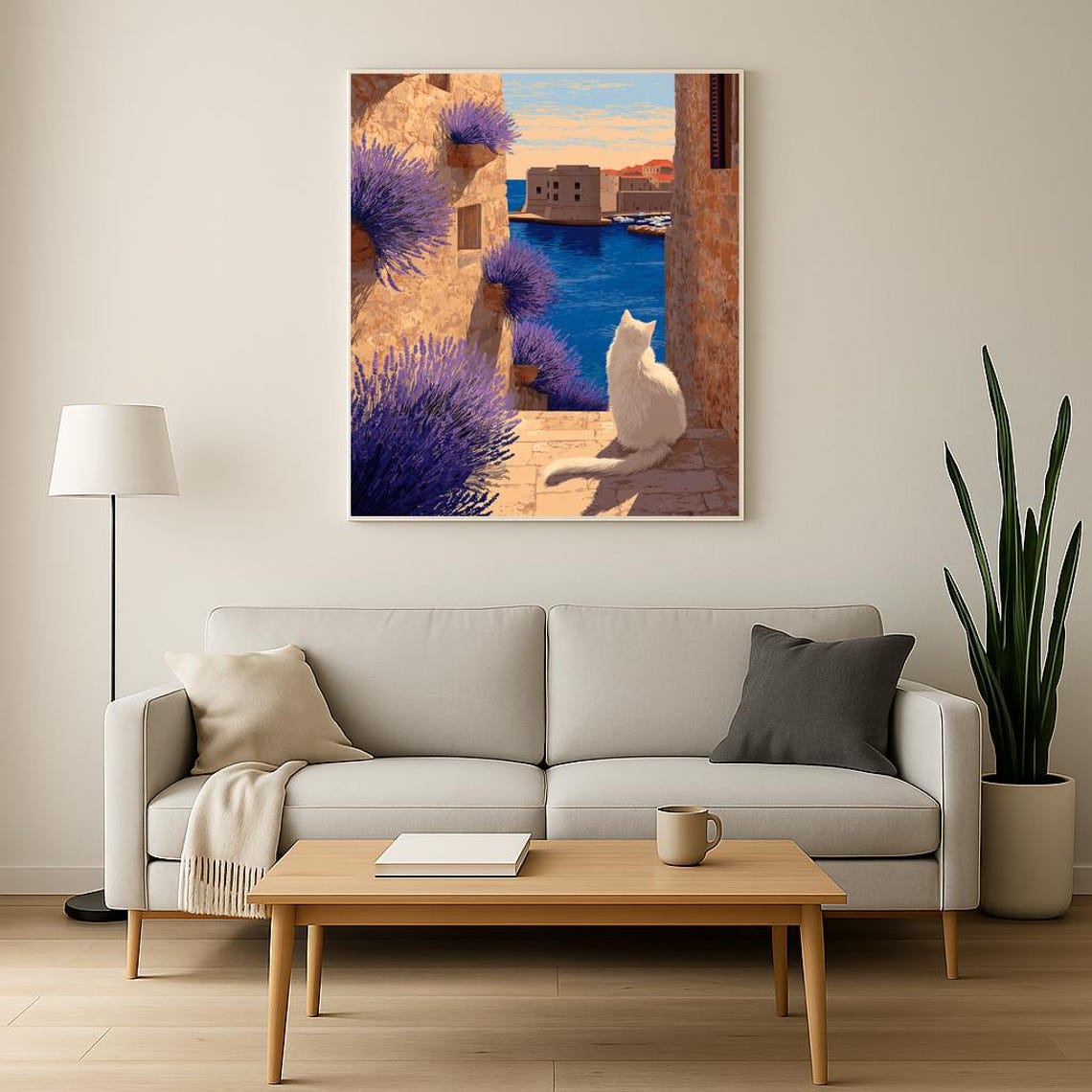 White Cat Harbor View Mediterranean Walled City Lavender Poster - Image 2