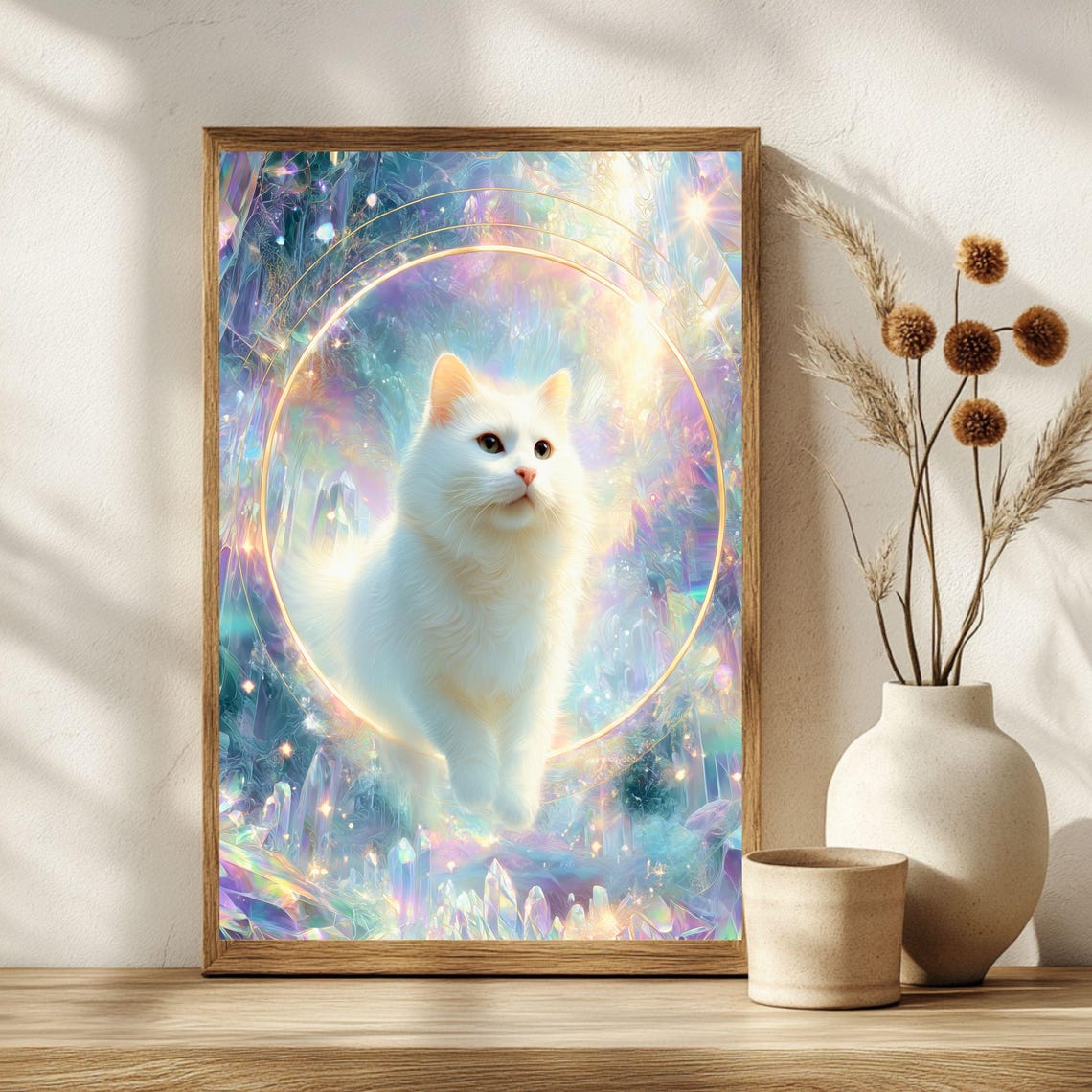 White Cat Crystal Aura Iridescent Mystical Celestial Cat Poster - Image 2