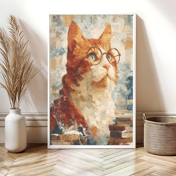 Ginger Cat Wearing Round Glasses Clever Scholar Book Lovers Poster