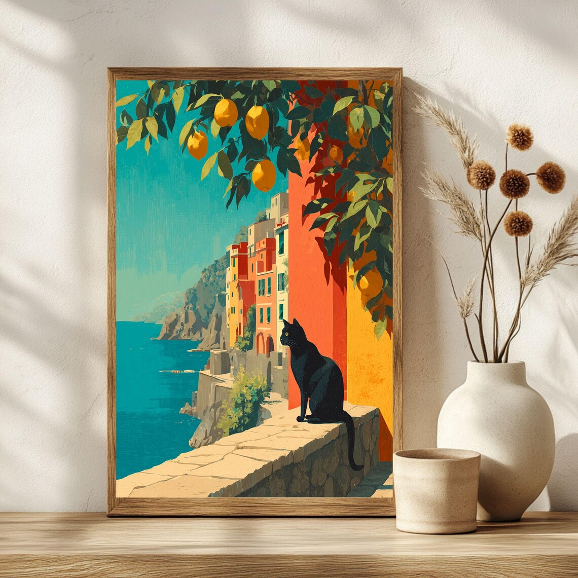 Amalfi Coast Black Cat Colorful Cliffside Village Sea View Poster - Image 4