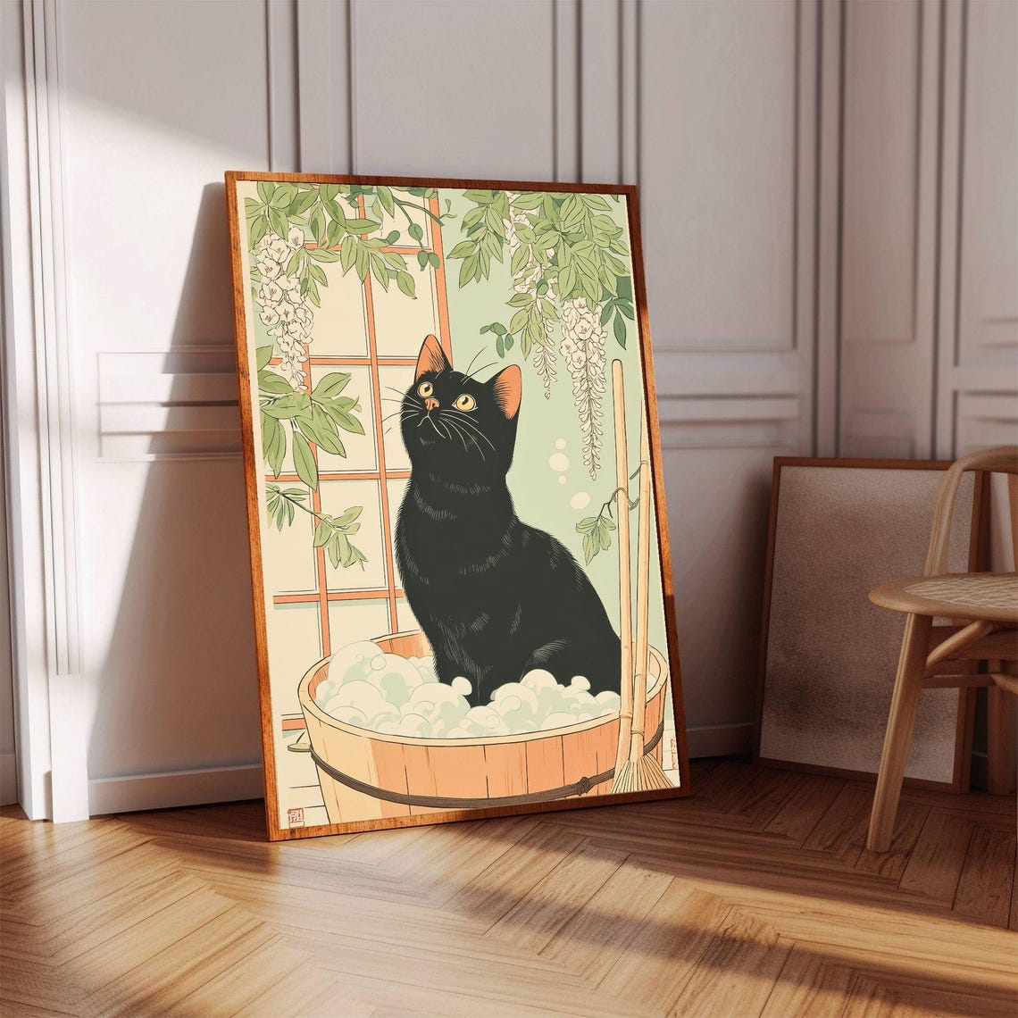 Black Cat Bubble Bath Japanese Ukiyoe Woodblock Style Art Poster - Image 3