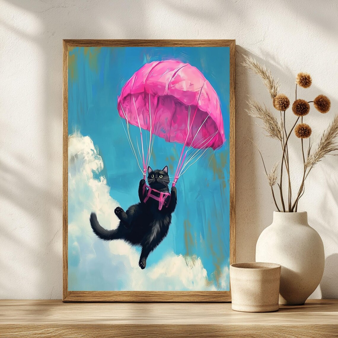 Black Cat Parachute Pink Canopy Whimsical Sky Adventure Poster
