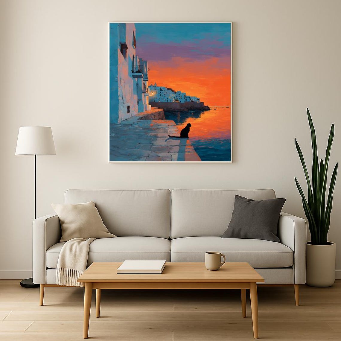 Black Cat Silhouette at Sunset Seaside Town Coastal Art Poster - Image 2