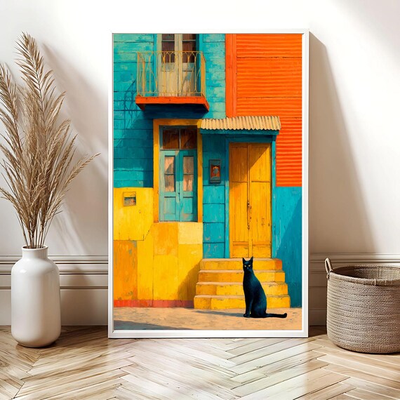 La Boca Black Cat Colorful Turquoise Yellow Houses Street Poster