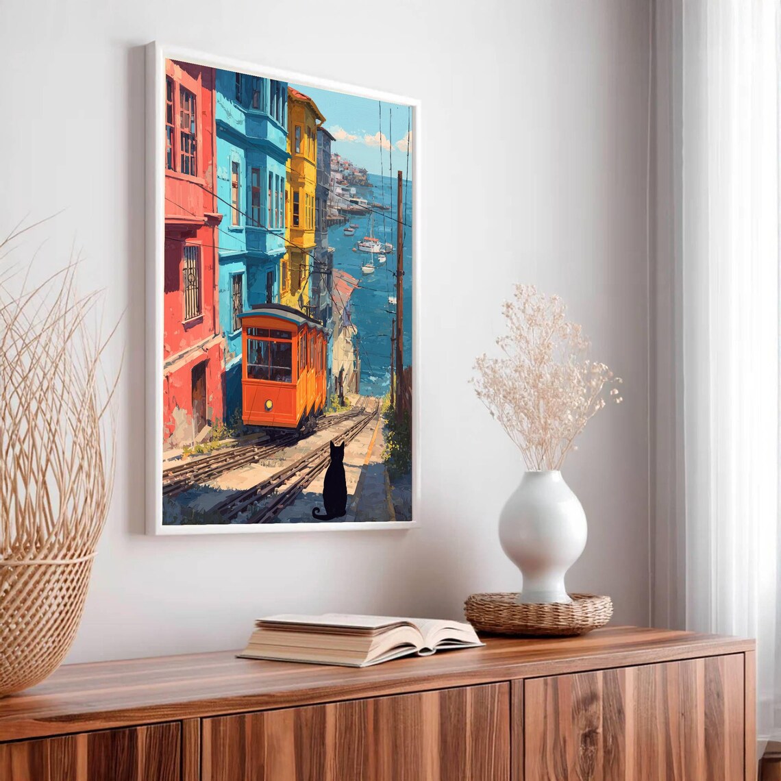 Coastal Port Funicular Tram Street Black Cat Harbor Art Poster