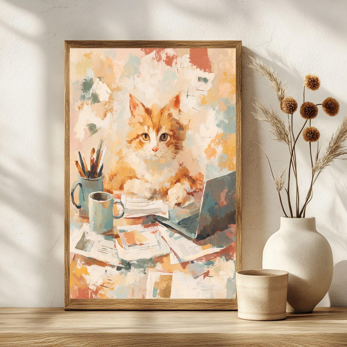 Orange Cat Work From Home Desk With Laptop Cozy Office Poster - Image 2