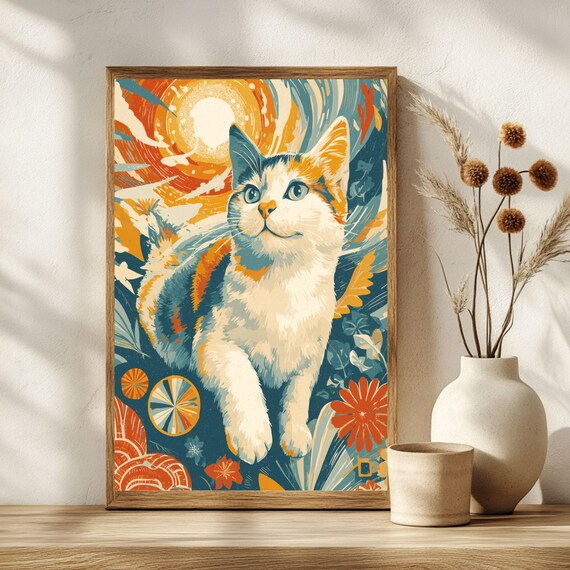 Vibrant Leaping Calico Cat in Bold Tropical Sunset Floral Poster