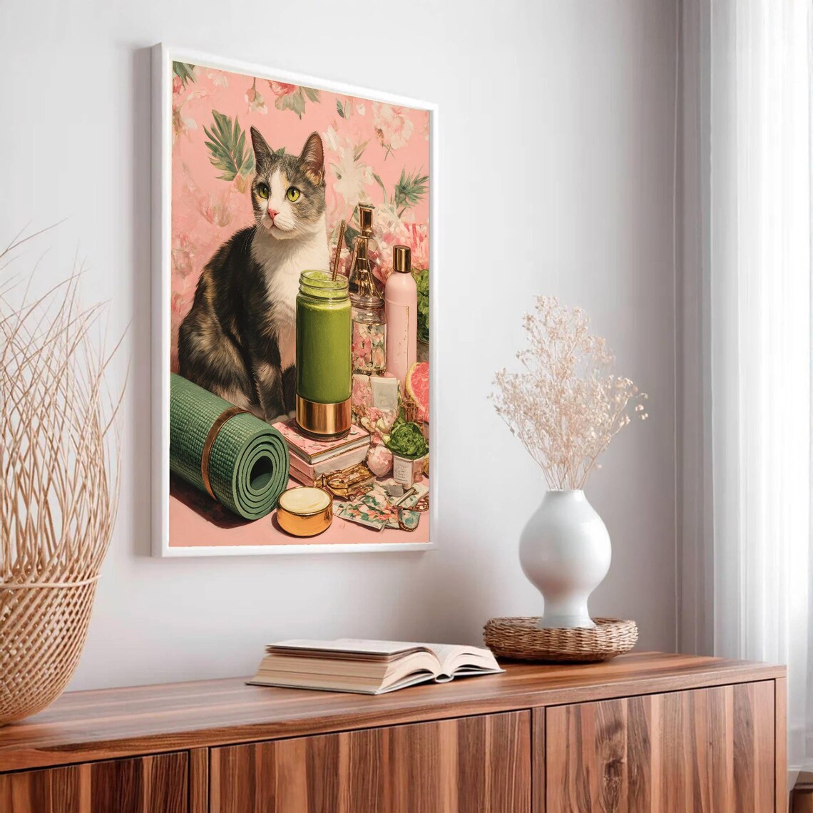 Wellness Cat With Green Smoothie Yoga Mat Pink Floral Poster - Image 2