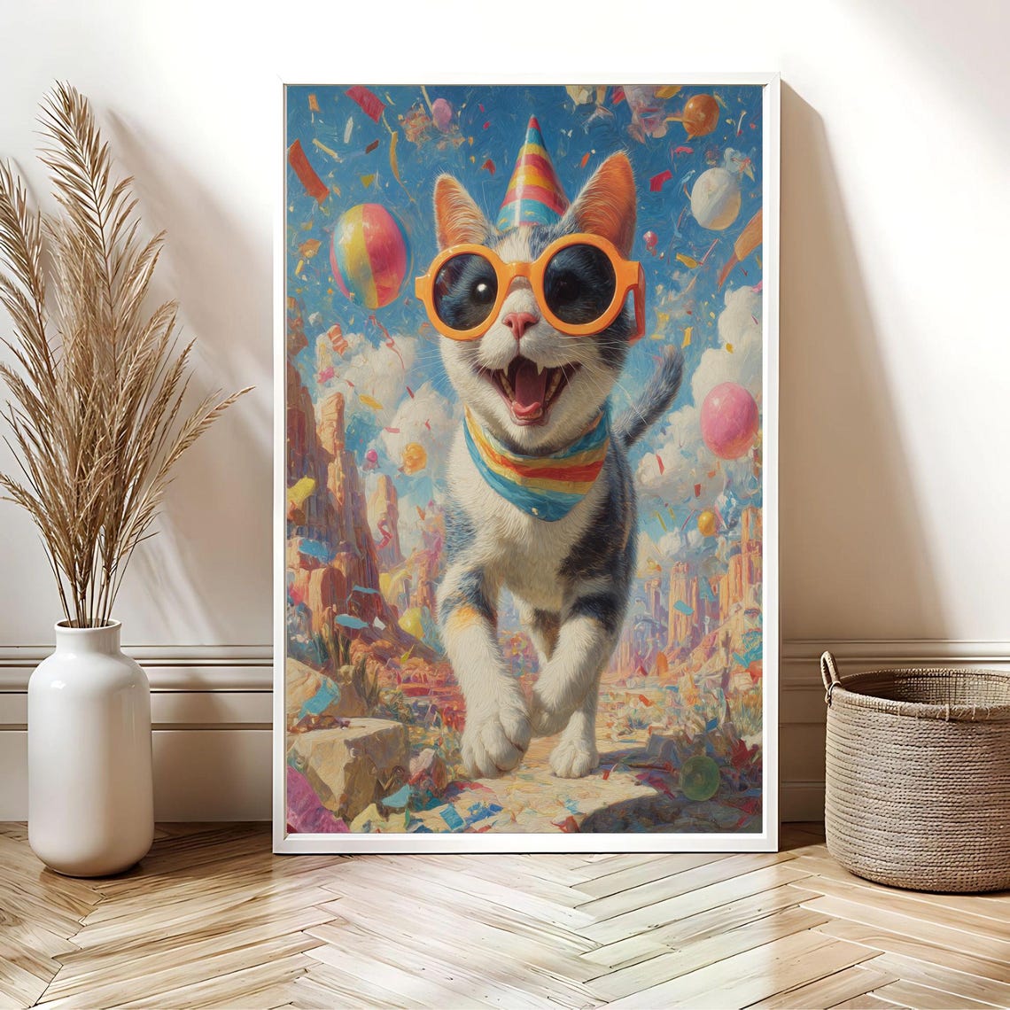Smiling Cat With Sunglasses Party Hat Surreal Dreamland Poster - Image 3