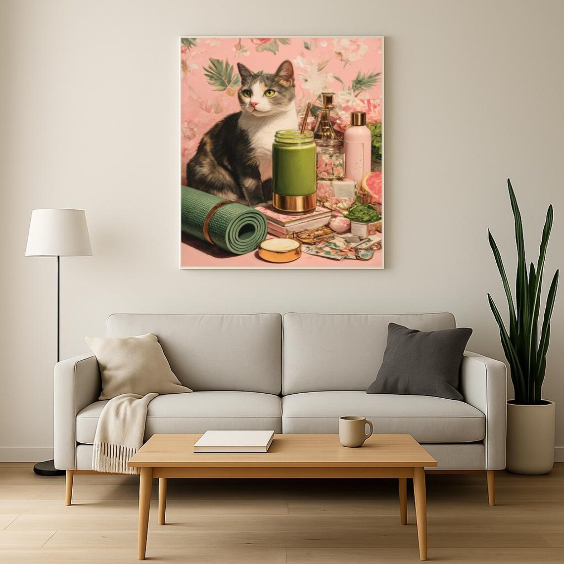 Wellness Cat With Green Smoothie Yoga Mat Pink Floral Poster - Image 3