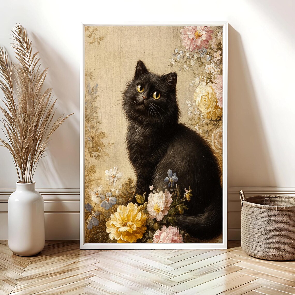 Black Cat Among Vintage Roses Antique Floral Oil Painting Poster