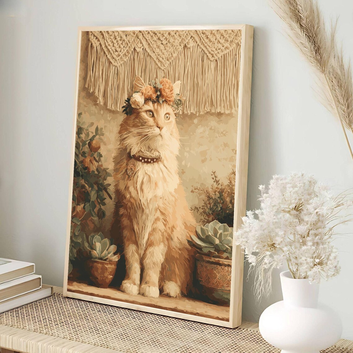 Long Haired Boho Cat With Flower Crown Succulents Art Poster - Image 3
