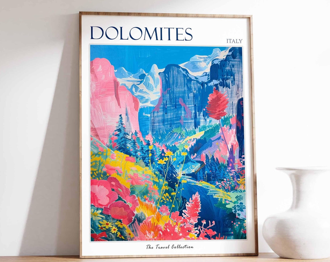 Dolomites Italy Pink Cliffs Wildflower Meadow Colorful Poster