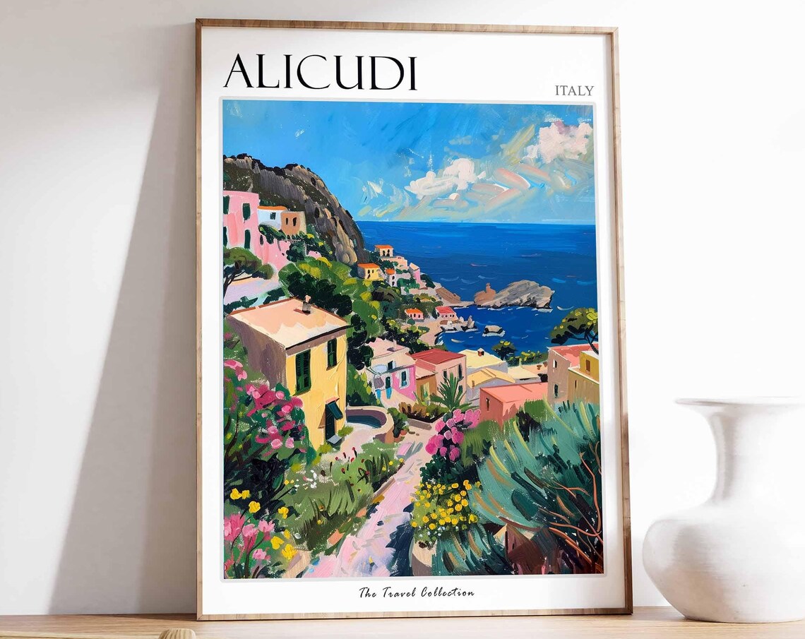 Alicudi Italy Hillside Village Blue Sea Bloom Balcony Art Poster