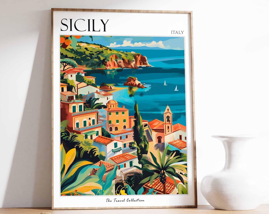 Sicily Italy Coastal Village Scene Painted Mediterranean Travel Poster