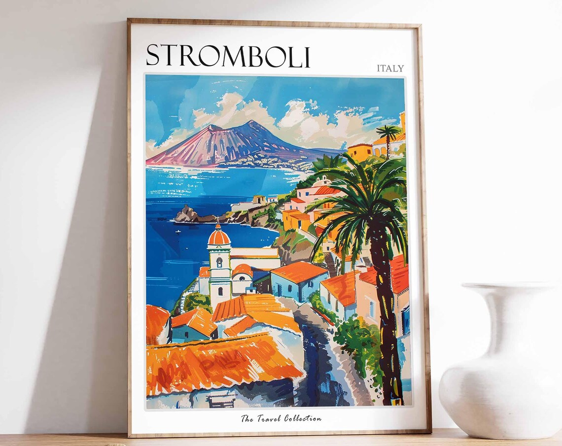 Stromboli Italy Volcano Island Travel Poster with Coastal Town Scene
