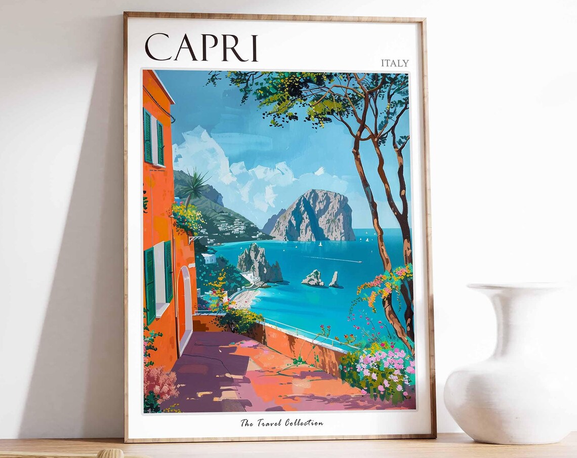 Capri Italy Travel Poster Faraglioni Sea Stacks Terrace Art Collection