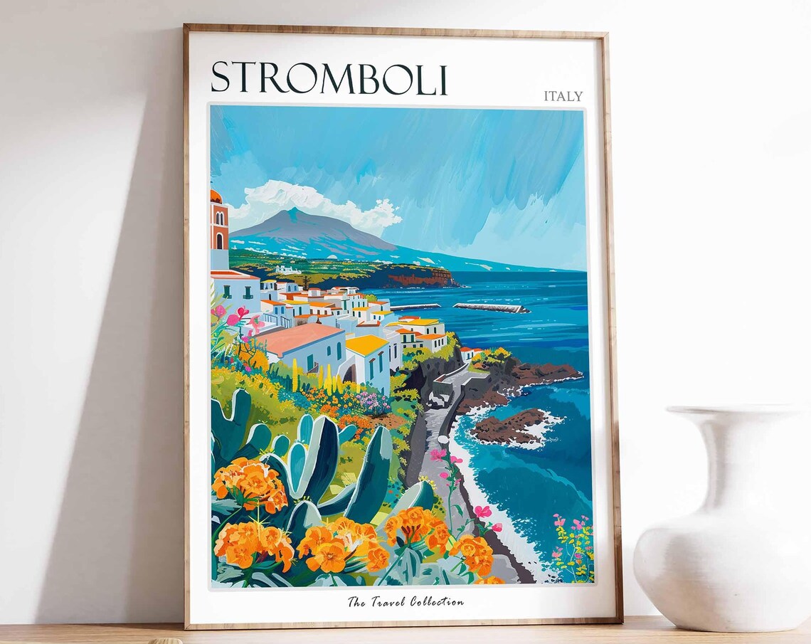 Stromboli Italy White Coastal Village Travel Poster with Volcano