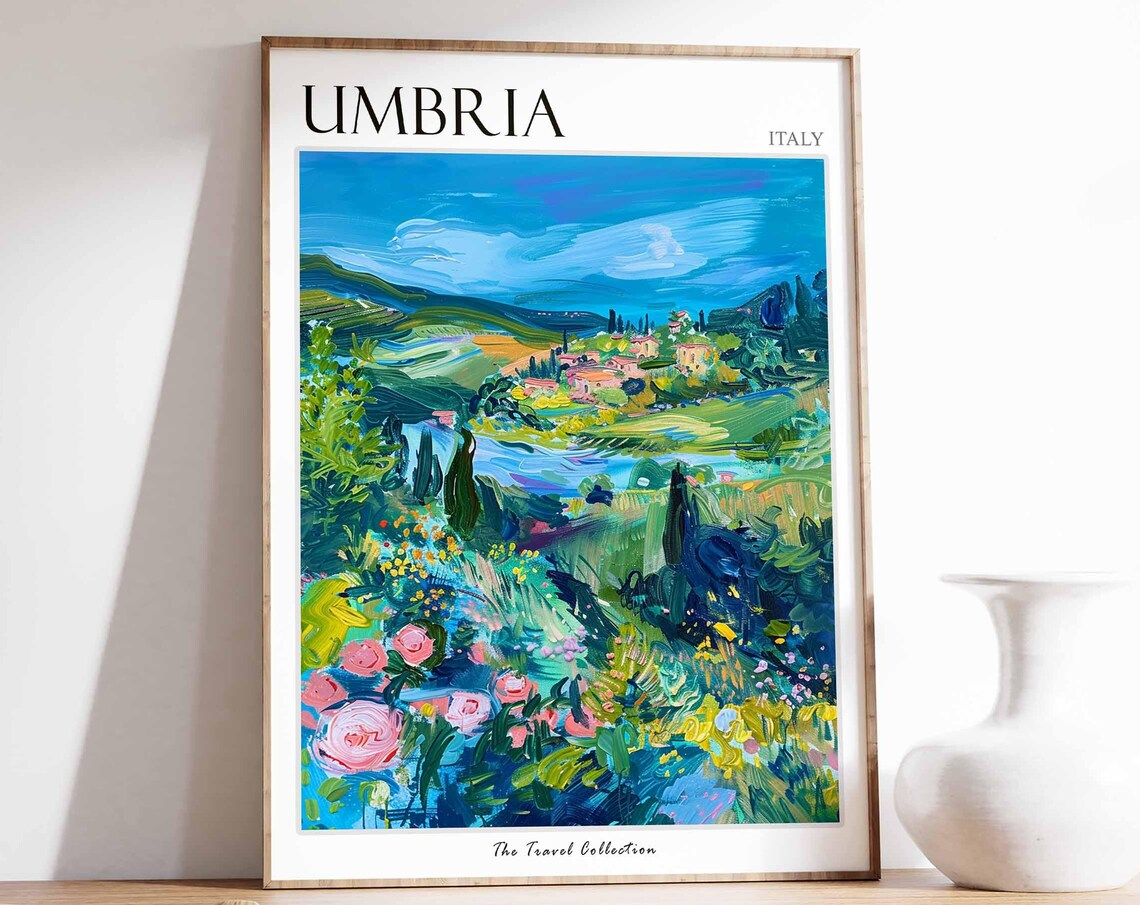 Umbria Italy Lush Countryside Travel Poster with Roses and Hills