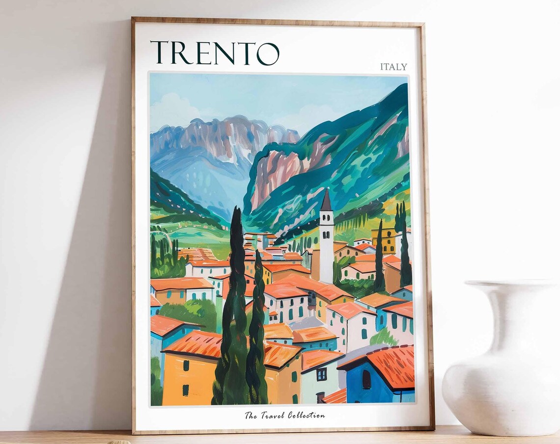 Trento Italy Alpine Town Cypress Trees Bell Tower Mountain Art Poster