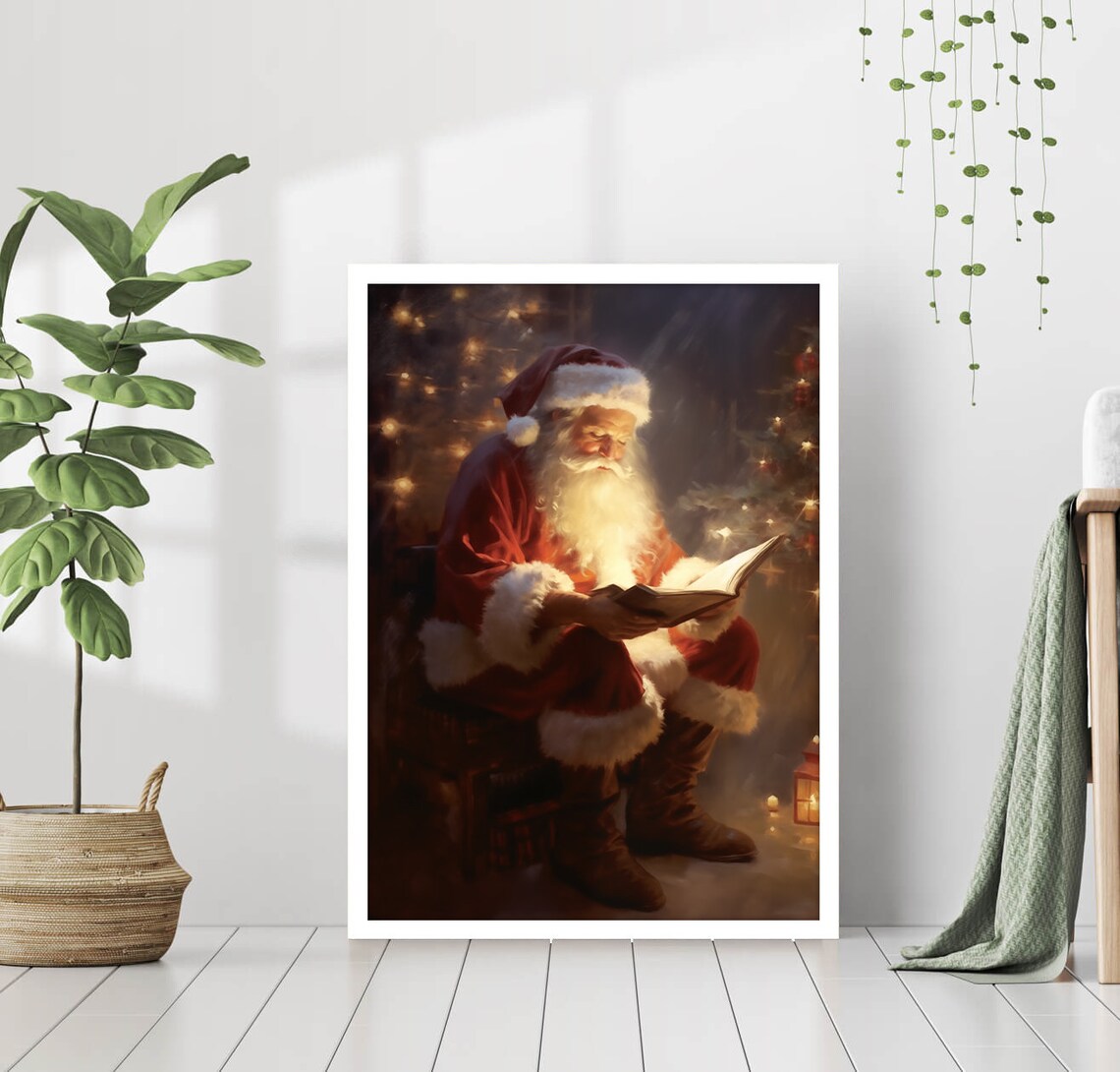Santa Claus Reading Book Vintage Christmas Oil Painting Poster - Image 3