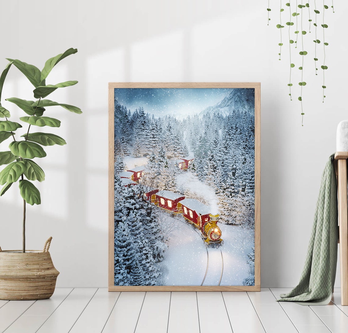 Vintage Christmas Train Snowy Pine Forest Night Holiday Wall Art - Image 2