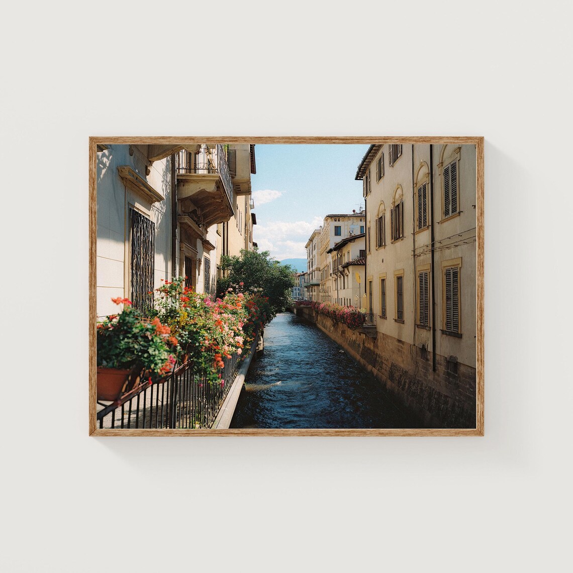 Flower Lined Italian Canal Sunny European Street Photography Print