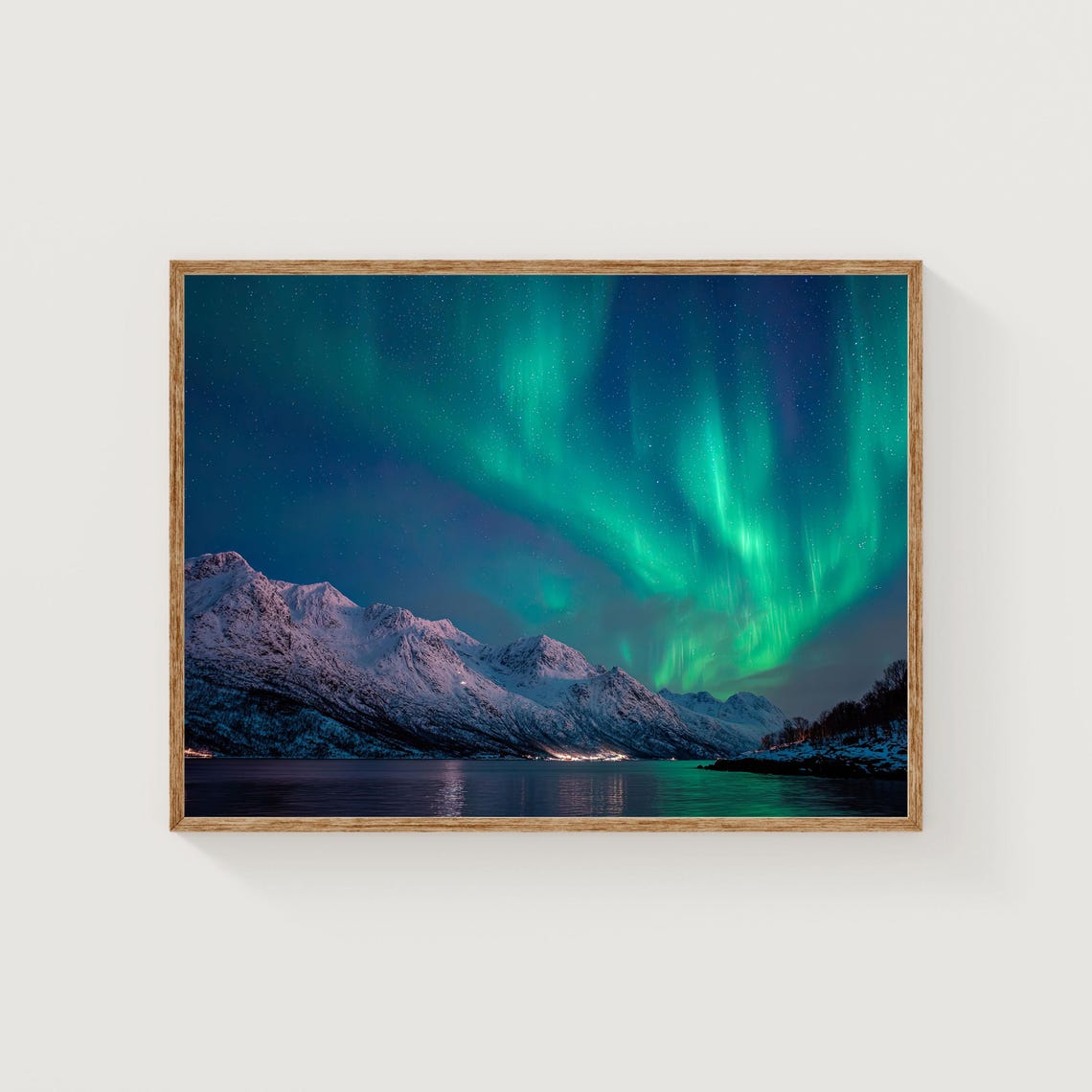 Aurora Borealis Green Lights Snowy Fjord Mountains Night Poster