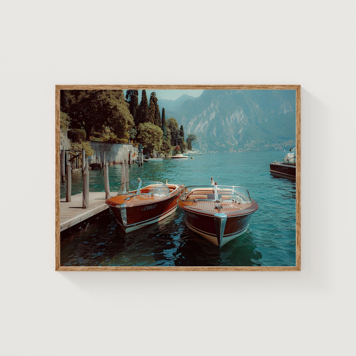 Lake Como Classic Wooden Boats Docked Turquoise Water Italy Poster