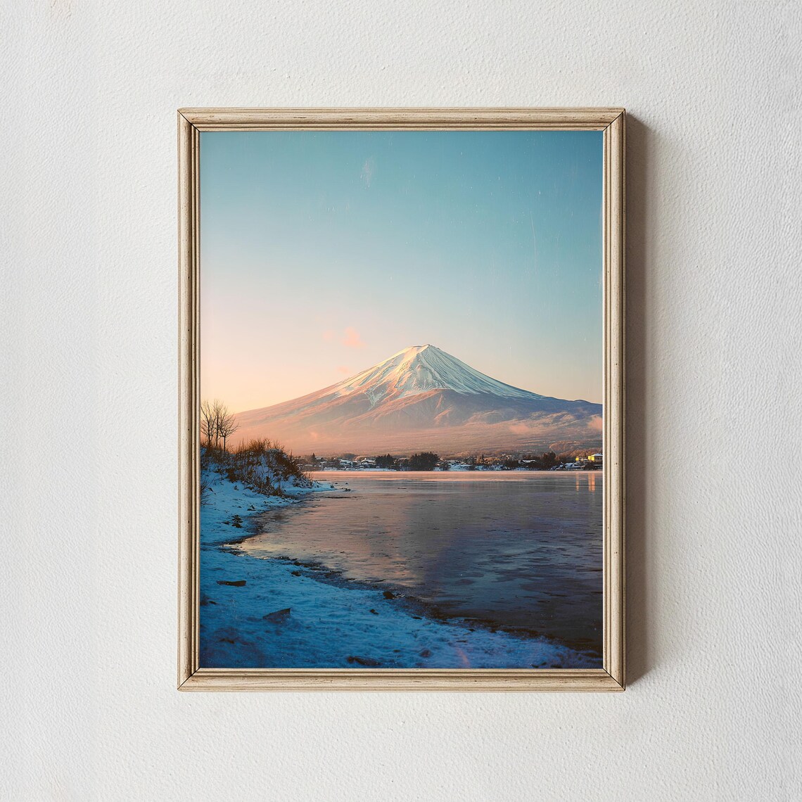 Mount Fuji Winter Sunset Snowy Lakeshore Japan Photography Poster