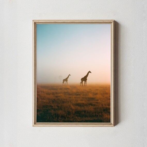 Giraffe Sunrise Print Misty African Savanna Photography