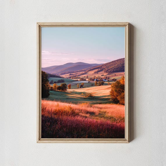 Sunset Meadow Landscape Print Golden Hills Countryside Wall Art
