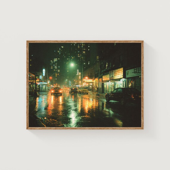 Rainy New York City Night Street Neon Photography Print for Urban Decor