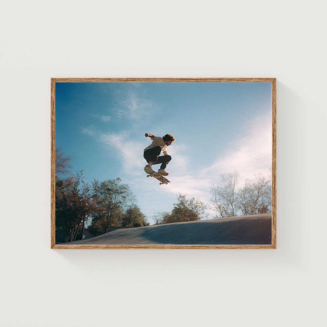Skateboarder Mid Air Trick Blue Sky Film Photography Wall Art