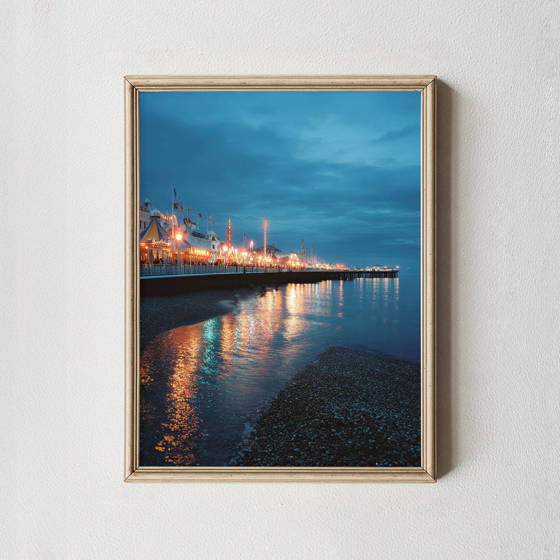 Seaside Pier At Night Lights Reflection UK Beach Photo Poster